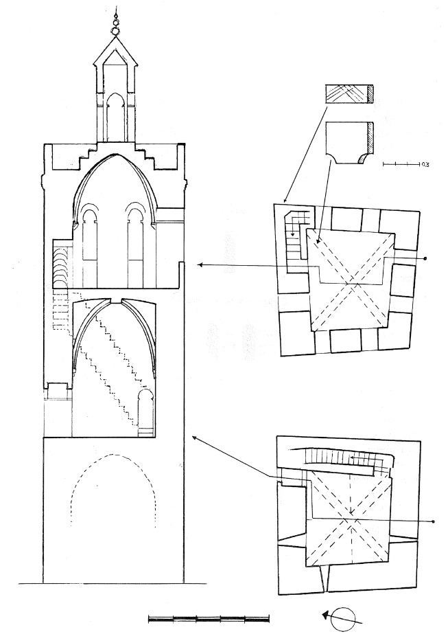 SECCIÓN CON REMATE HIPOTÉTICO Y PLANTAS (Dibujo A. Sanmiguel). SECCIÓN CON REMATE HIPOTÉTICO Y PLANTAS (Dibujo A. Sanmiguel).
